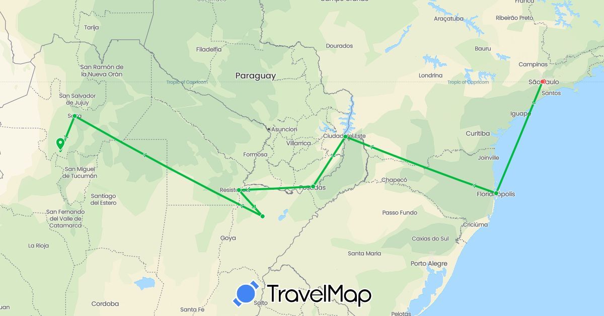 TravelMap itinerary: driving, bus, hiking in Argentina, Brazil, Paraguay (South America)